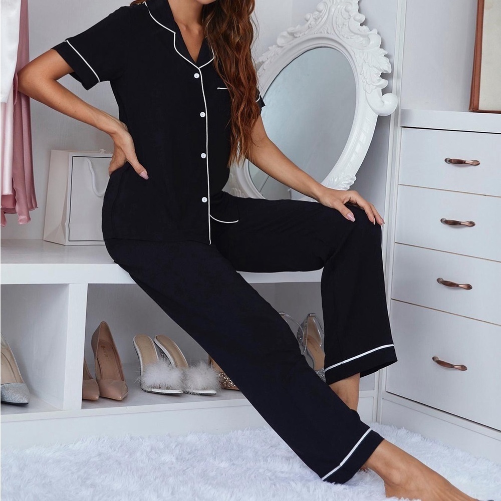 Contrast Piping Lapel Collar Short Sleeve Top and Pants Pajama Set